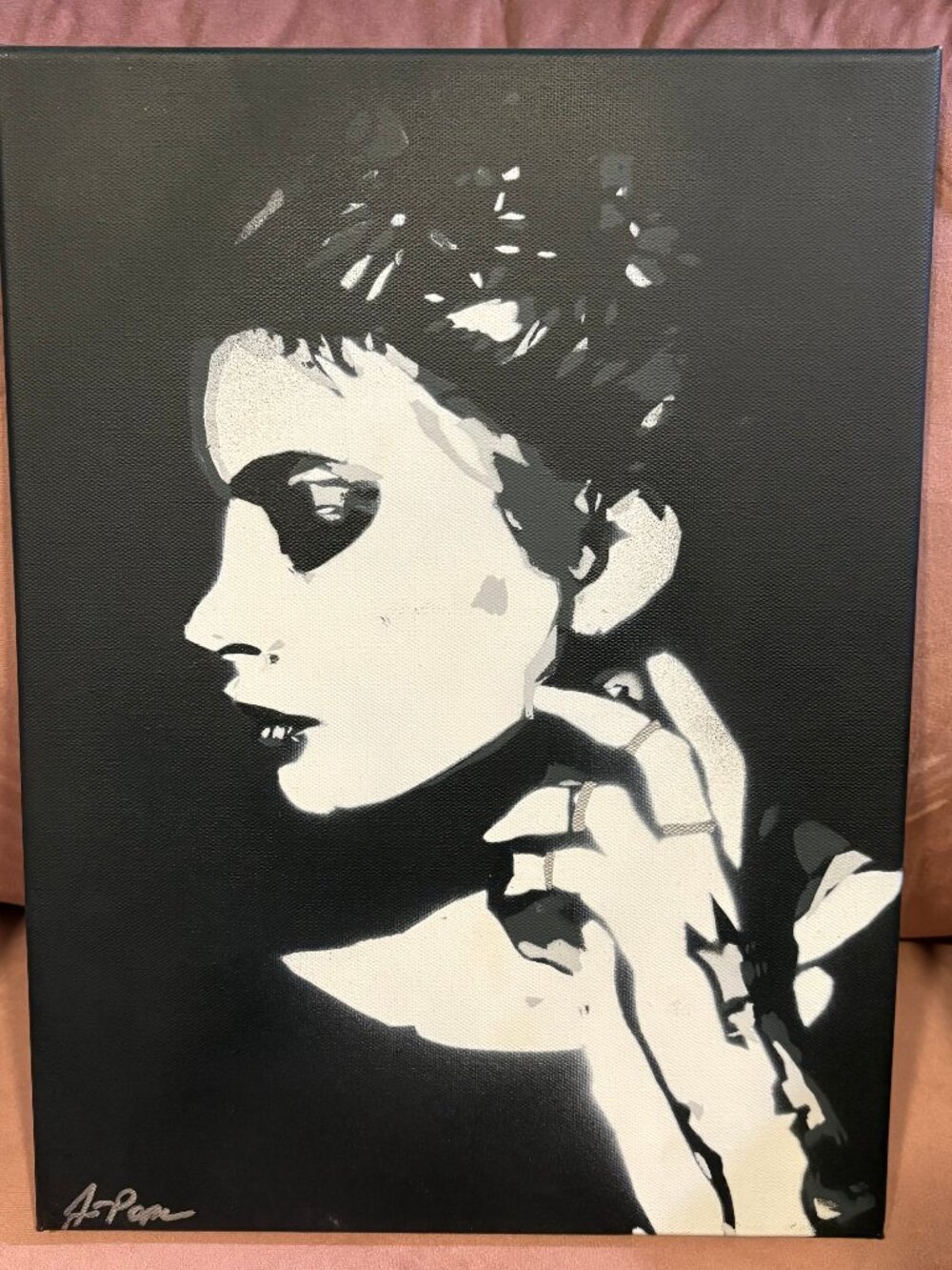 Original Stencil Portrait Painting Grayscale Lady with Silver Rings 12x16 Canvas